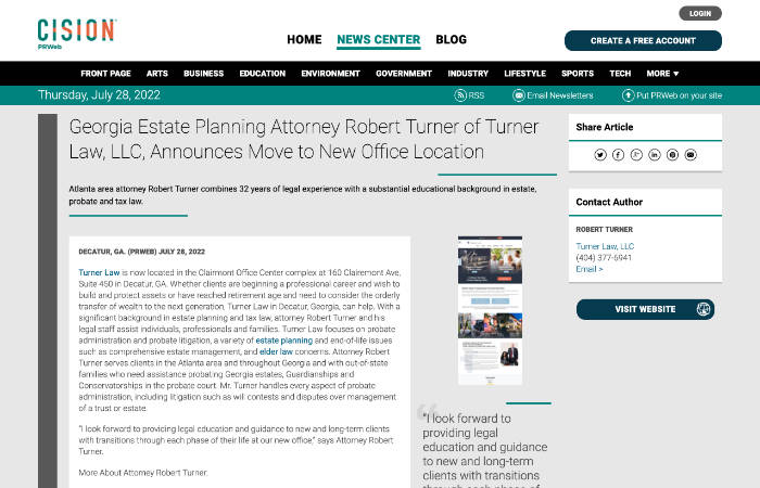 Screenshot of an article - Georgia Estate Planning Attorney Robert Turner of Turner Law, LLC, Announces Move to New Office Location.